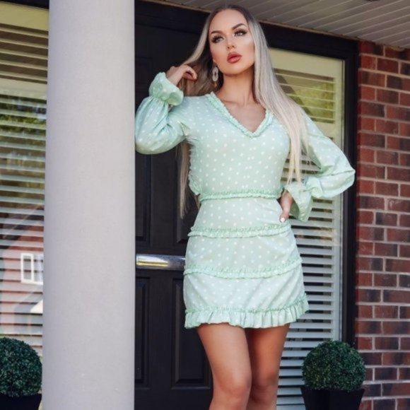 Green Polka Dot Long Sleeve V-Neck Open Back Backless Mini Dress - Picture 6 of 11